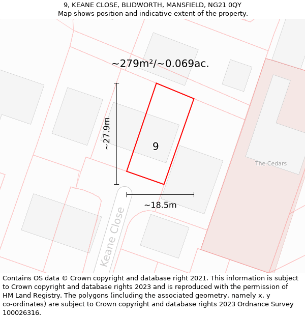 9, KEANE CLOSE, BLIDWORTH, MANSFIELD, NG21 0QY: Plot and title map