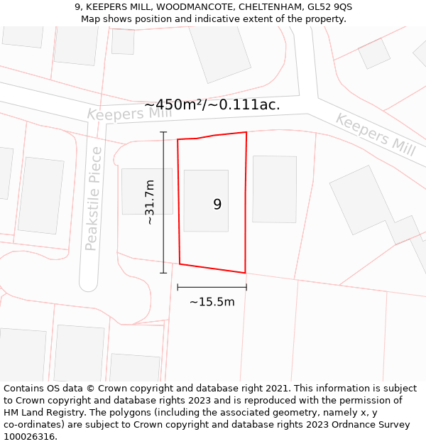 9, KEEPERS MILL, WOODMANCOTE, CHELTENHAM, GL52 9QS: Plot and title map