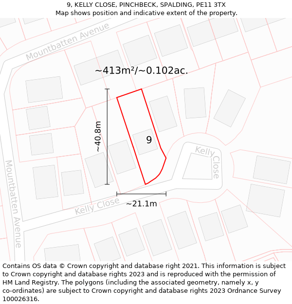 9, KELLY CLOSE, PINCHBECK, SPALDING, PE11 3TX: Plot and title map