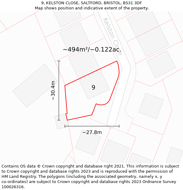 9, KELSTON CLOSE, SALTFORD, BRISTOL, BS31 3DF: Plot and title map
