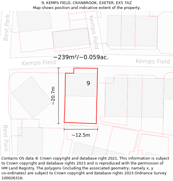 9, KEMPS FIELD, CRANBROOK, EXETER, EX5 7AZ: Plot and title map