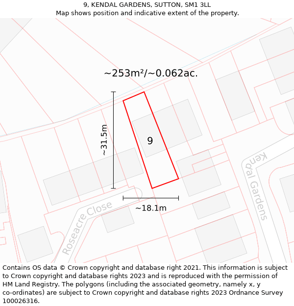 9, KENDAL GARDENS, SUTTON, SM1 3LL: Plot and title map