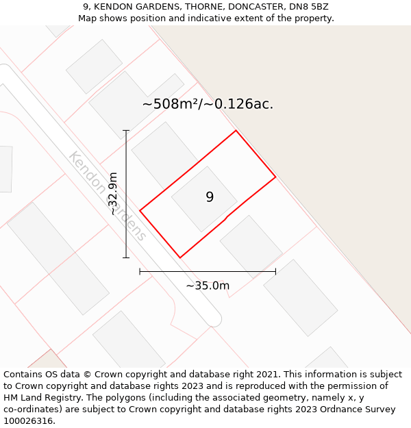 9, KENDON GARDENS, THORNE, DONCASTER, DN8 5BZ: Plot and title map