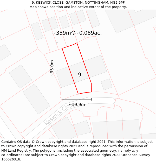 9, KESWICK CLOSE, GAMSTON, NOTTINGHAM, NG2 6PF: Plot and title map