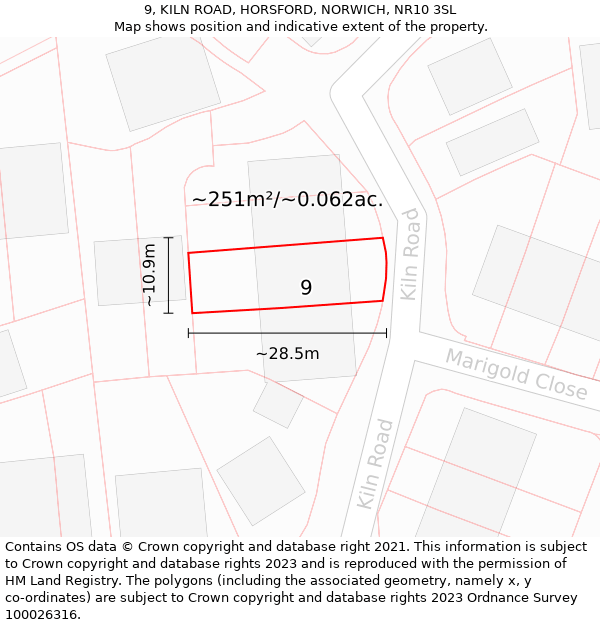 9, KILN ROAD, HORSFORD, NORWICH, NR10 3SL: Plot and title map