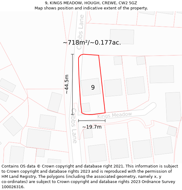 9, KINGS MEADOW, HOUGH, CREWE, CW2 5GZ: Plot and title map