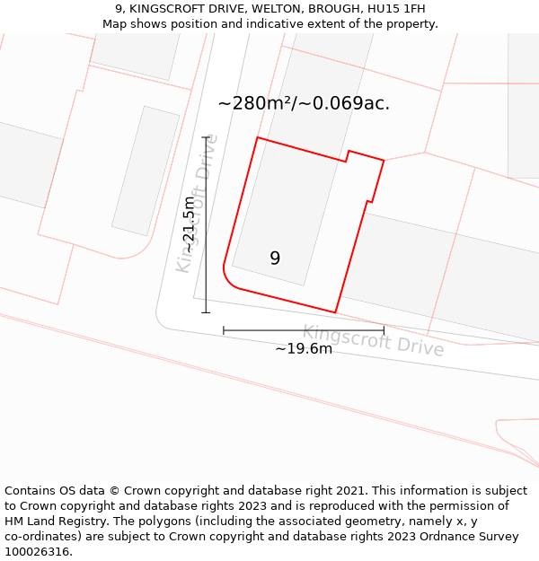 9, KINGSCROFT DRIVE, WELTON, BROUGH, HU15 1FH: Plot and title map