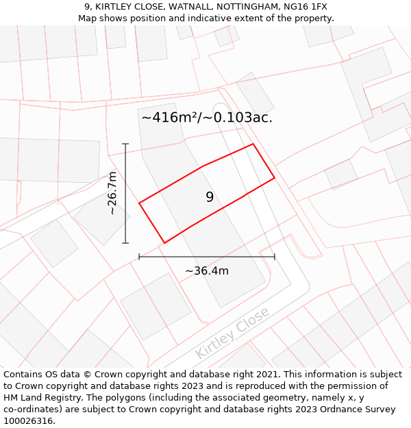 9, KIRTLEY CLOSE, WATNALL, NOTTINGHAM, NG16 1FX: Plot and title map