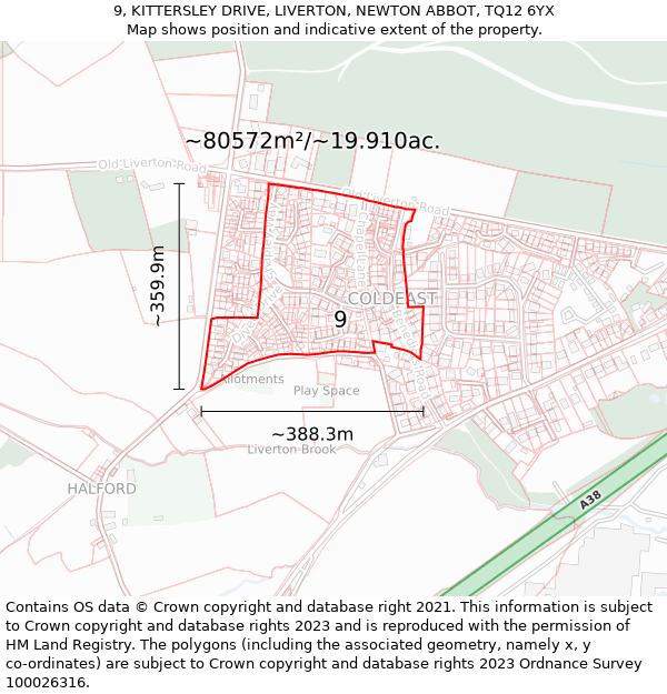 9, KITTERSLEY DRIVE, LIVERTON, NEWTON ABBOT, TQ12 6YX: Plot and title map