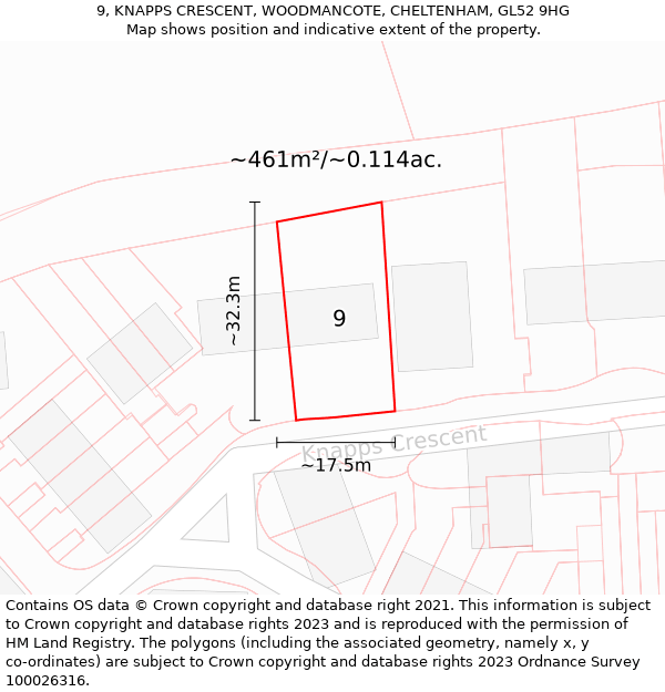 9, KNAPPS CRESCENT, WOODMANCOTE, CHELTENHAM, GL52 9HG: Plot and title map