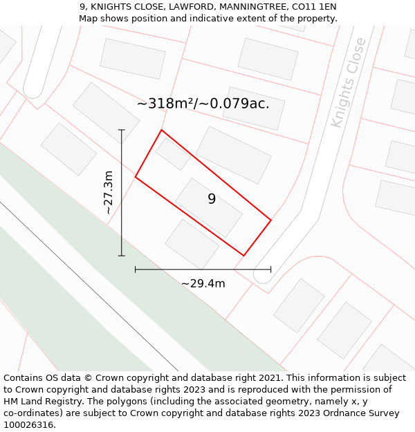 9, KNIGHTS CLOSE, LAWFORD, MANNINGTREE, CO11 1EN: Plot and title map