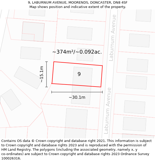 9, LABURNUM AVENUE, MOORENDS, DONCASTER, DN8 4SF: Plot and title map