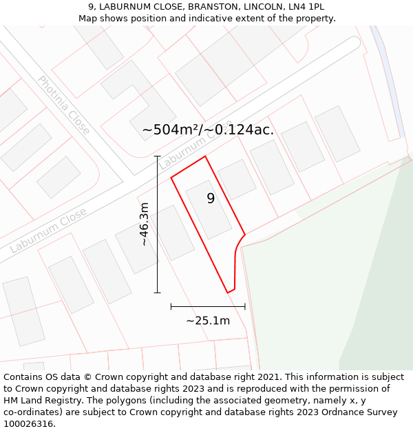 9, LABURNUM CLOSE, BRANSTON, LINCOLN, LN4 1PL: Plot and title map