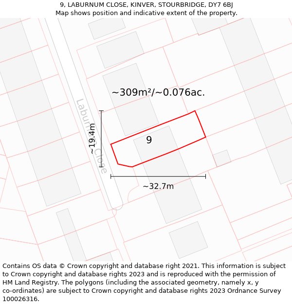 9, LABURNUM CLOSE, KINVER, STOURBRIDGE, DY7 6BJ: Plot and title map