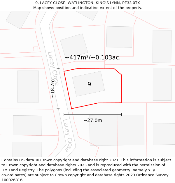 9, LACEY CLOSE, WATLINGTON, KING'S LYNN, PE33 0TX: Plot and title map