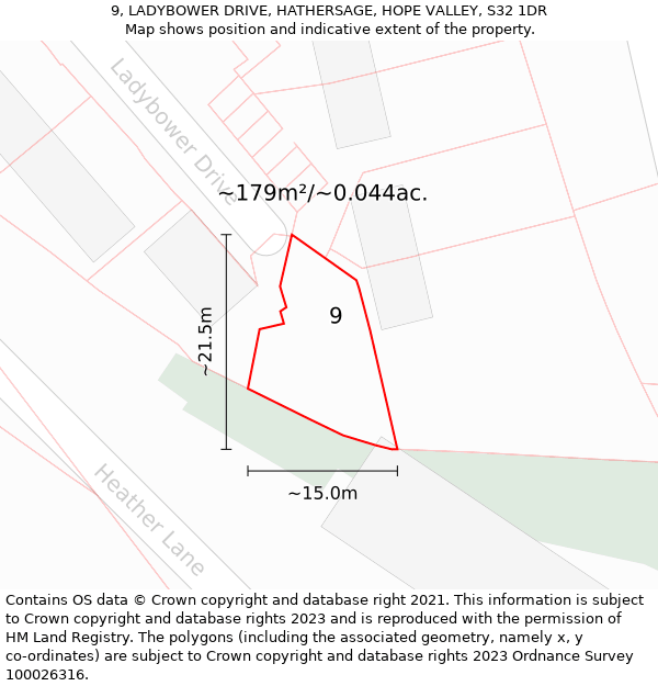 9, LADYBOWER DRIVE, HATHERSAGE, HOPE VALLEY, S32 1DR: Plot and title map