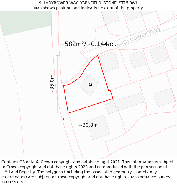 9, LADYBOWER WAY, YARNFIELD, STONE, ST15 0WL: Plot and title map