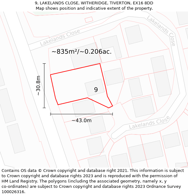 9, LAKELANDS CLOSE, WITHERIDGE, TIVERTON, EX16 8DD: Plot and title map