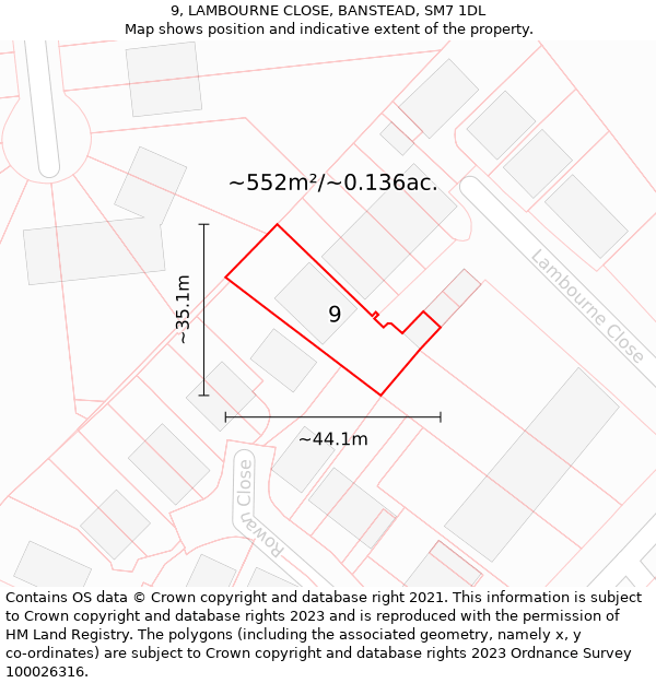 9, LAMBOURNE CLOSE, BANSTEAD, SM7 1DL: Plot and title map