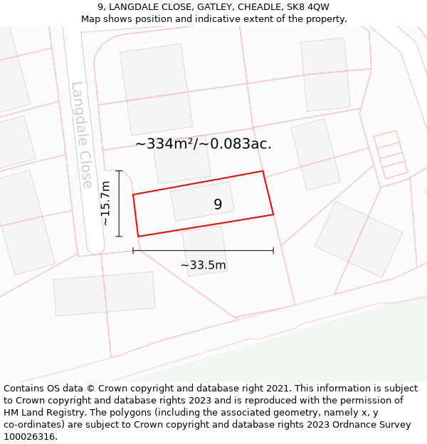 9, LANGDALE CLOSE, GATLEY, CHEADLE, SK8 4QW: Plot and title map