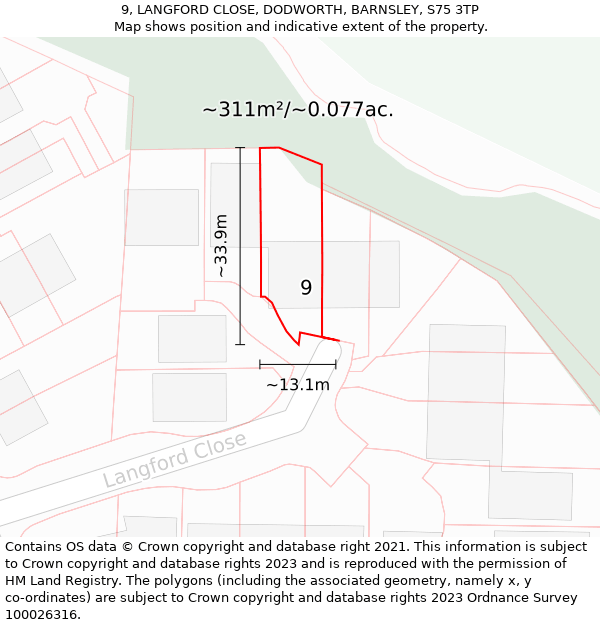 9, LANGFORD CLOSE, DODWORTH, BARNSLEY, S75 3TP: Plot and title map