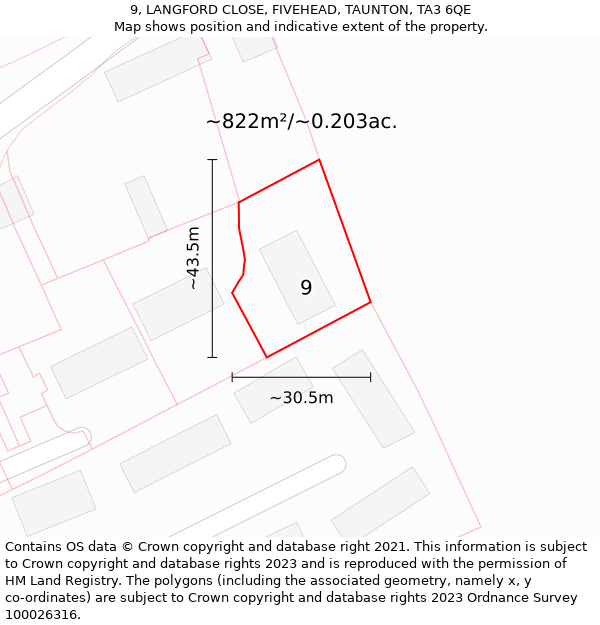 9, LANGFORD CLOSE, FIVEHEAD, TAUNTON, TA3 6QE: Plot and title map