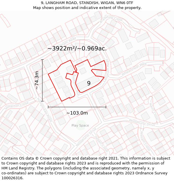 9, LANGHAM ROAD, STANDISH, WIGAN, WN6 0TF: Plot and title map