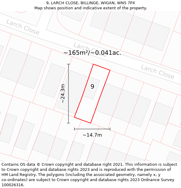 9, LARCH CLOSE, BILLINGE, WIGAN, WN5 7PX: Plot and title map