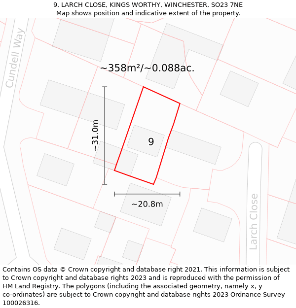 9, LARCH CLOSE, KINGS WORTHY, WINCHESTER, SO23 7NE: Plot and title map