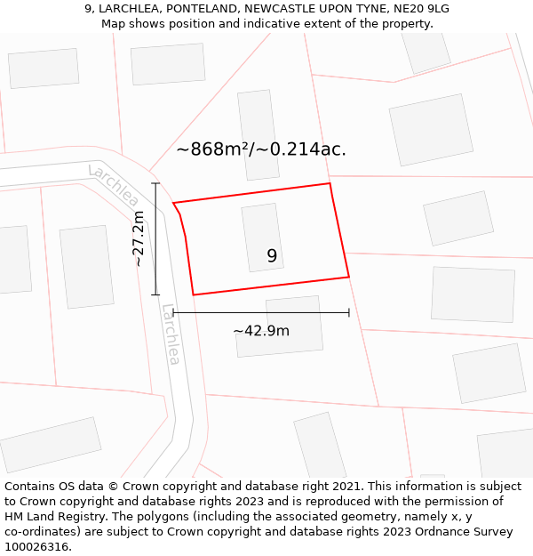 9, LARCHLEA, PONTELAND, NEWCASTLE UPON TYNE, NE20 9LG: Plot and title map