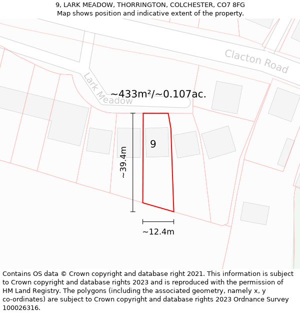 9, LARK MEADOW, THORRINGTON, COLCHESTER, CO7 8FG: Plot and title map