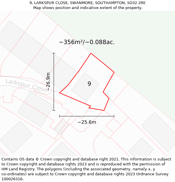 9, LARKSPUR CLOSE, SWANMORE, SOUTHAMPTON, SO32 2RE: Plot and title map