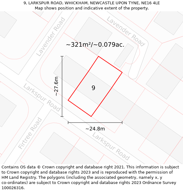 9, LARKSPUR ROAD, WHICKHAM, NEWCASTLE UPON TYNE, NE16 4LE: Plot and title map