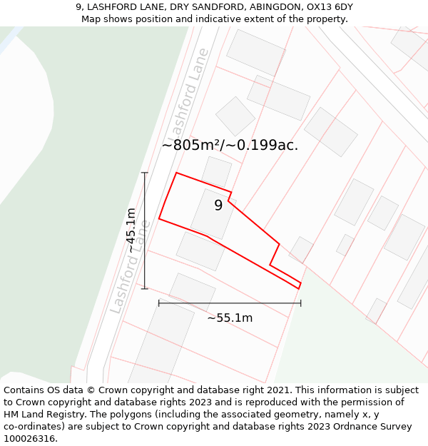 9, LASHFORD LANE, DRY SANDFORD, ABINGDON, OX13 6DY: Plot and title map