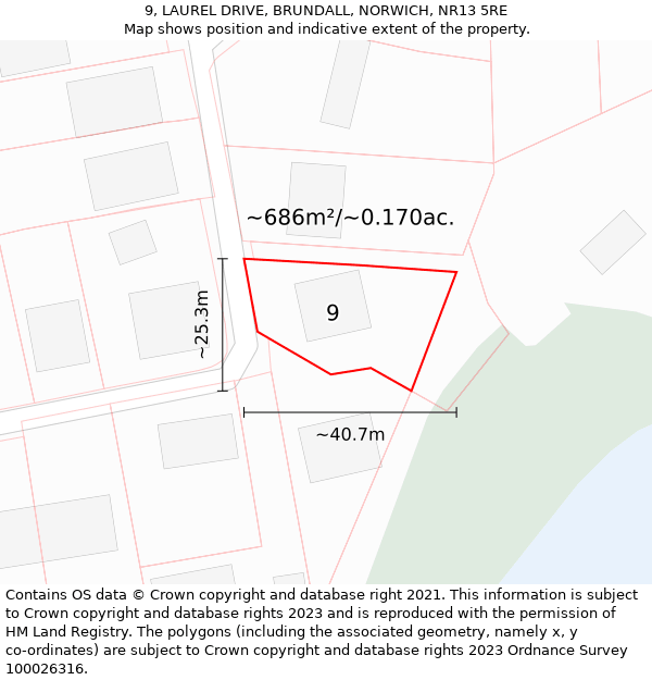 9, LAUREL DRIVE, BRUNDALL, NORWICH, NR13 5RE: Plot and title map