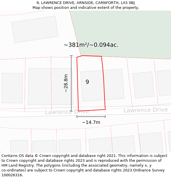 9, LAWRENCE DRIVE, ARNSIDE, CARNFORTH, LA5 0BJ: Plot and title map