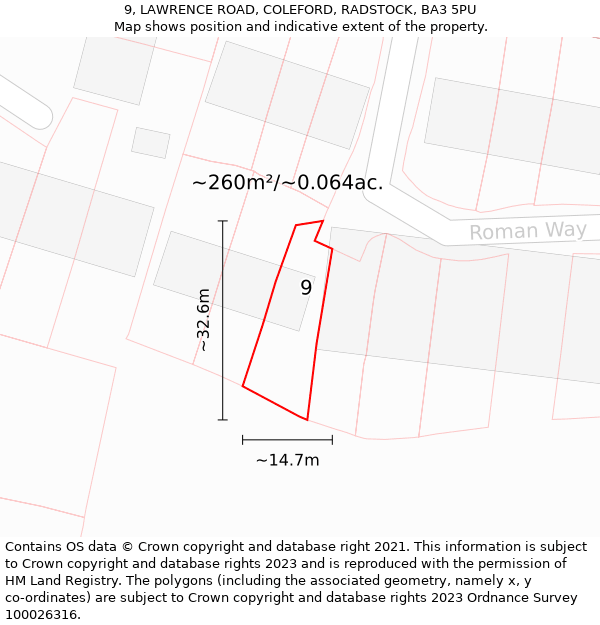 9, LAWRENCE ROAD, COLEFORD, RADSTOCK, BA3 5PU: Plot and title map