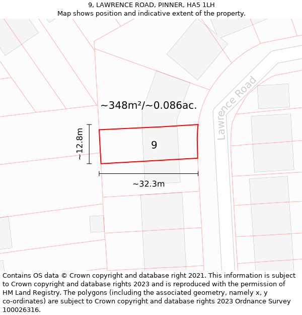 9, LAWRENCE ROAD, PINNER, HA5 1LH: Plot and title map