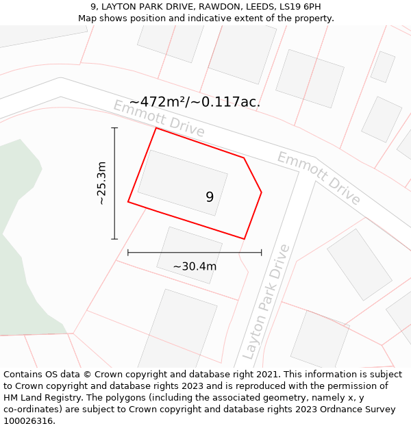 9, LAYTON PARK DRIVE, RAWDON, LEEDS, LS19 6PH: Plot and title map