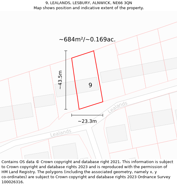 9, LEALANDS, LESBURY, ALNWICK, NE66 3QN: Plot and title map