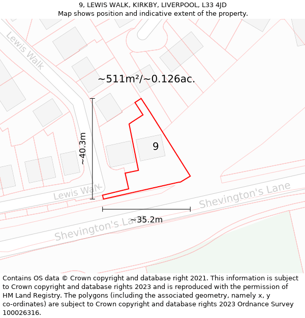 9, LEWIS WALK, KIRKBY, LIVERPOOL, L33 4JD: Plot and title map