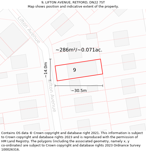 9, LIFTON AVENUE, RETFORD, DN22 7ST: Plot and title map