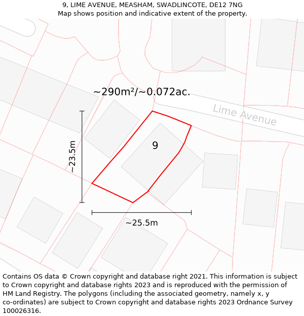 9, LIME AVENUE, MEASHAM, SWADLINCOTE, DE12 7NG: Plot and title map