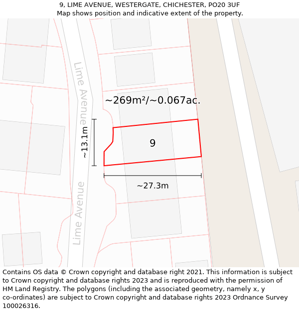 9, LIME AVENUE, WESTERGATE, CHICHESTER, PO20 3UF: Plot and title map