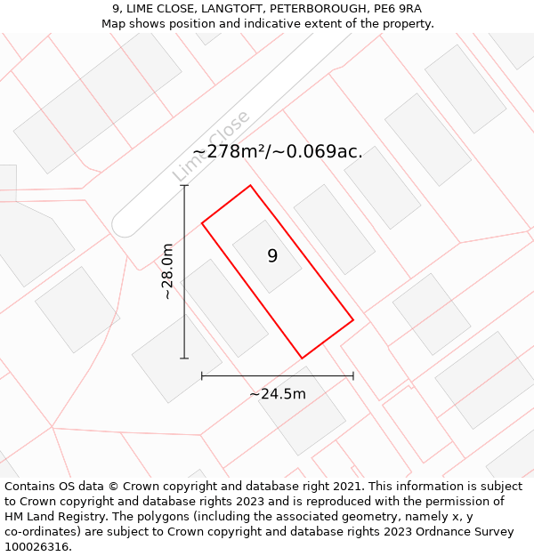 9, LIME CLOSE, LANGTOFT, PETERBOROUGH, PE6 9RA: Plot and title map