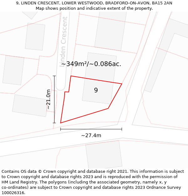 9, LINDEN CRESCENT, LOWER WESTWOOD, BRADFORD-ON-AVON, BA15 2AN: Plot and title map