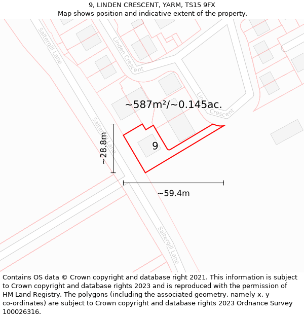 9, LINDEN CRESCENT, YARM, TS15 9FX: Plot and title map