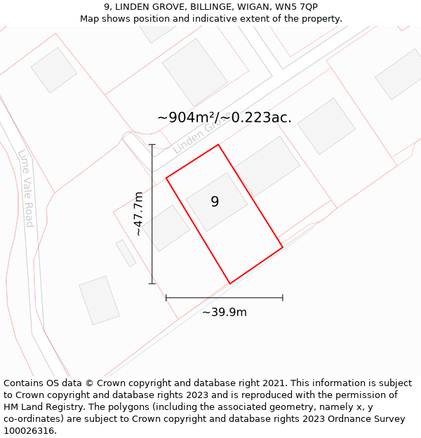 9, LINDEN GROVE, BILLINGE, WIGAN, WN5 7QP: Plot and title map