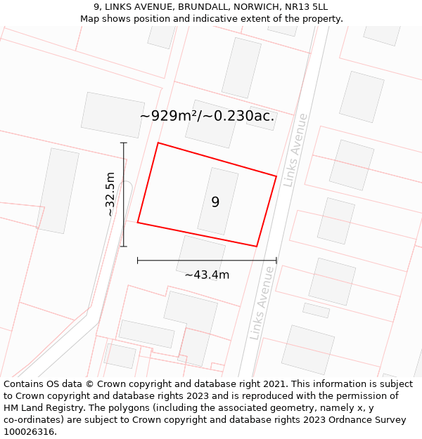 9, LINKS AVENUE, BRUNDALL, NORWICH, NR13 5LL: Plot and title map