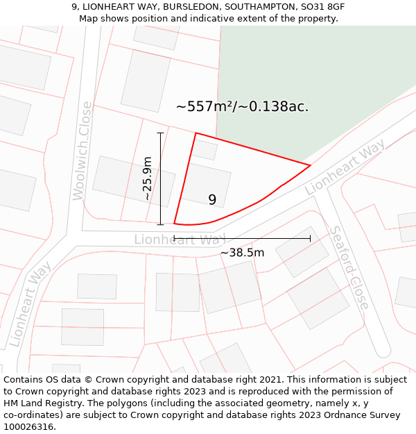 9, LIONHEART WAY, BURSLEDON, SOUTHAMPTON, SO31 8GF: Plot and title map